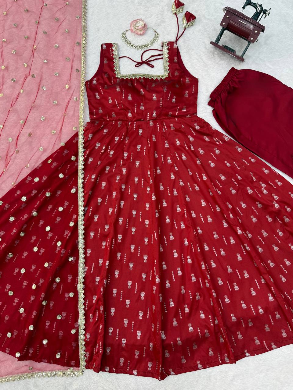 Anarkali Set with Fancy Lace & Butterfly Net Dupatta
