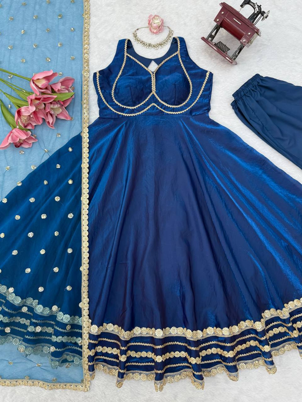 Gown with Pent & Dupatta Set – Padded Gown with Heavy Fancy Lace | 