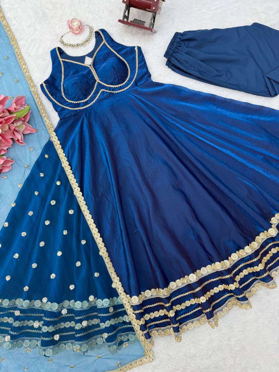Gown with Pent & Dupatta Set – Padded Gown with Heavy Fancy Lace | 