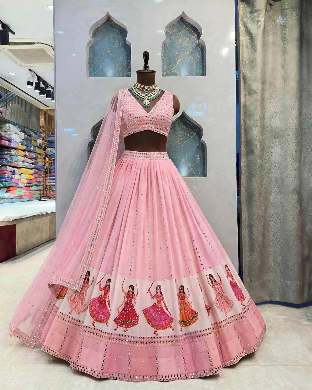 Navratri SpecialPremium Star Georgette Lehenga with Digital Print & Real Mirror Work