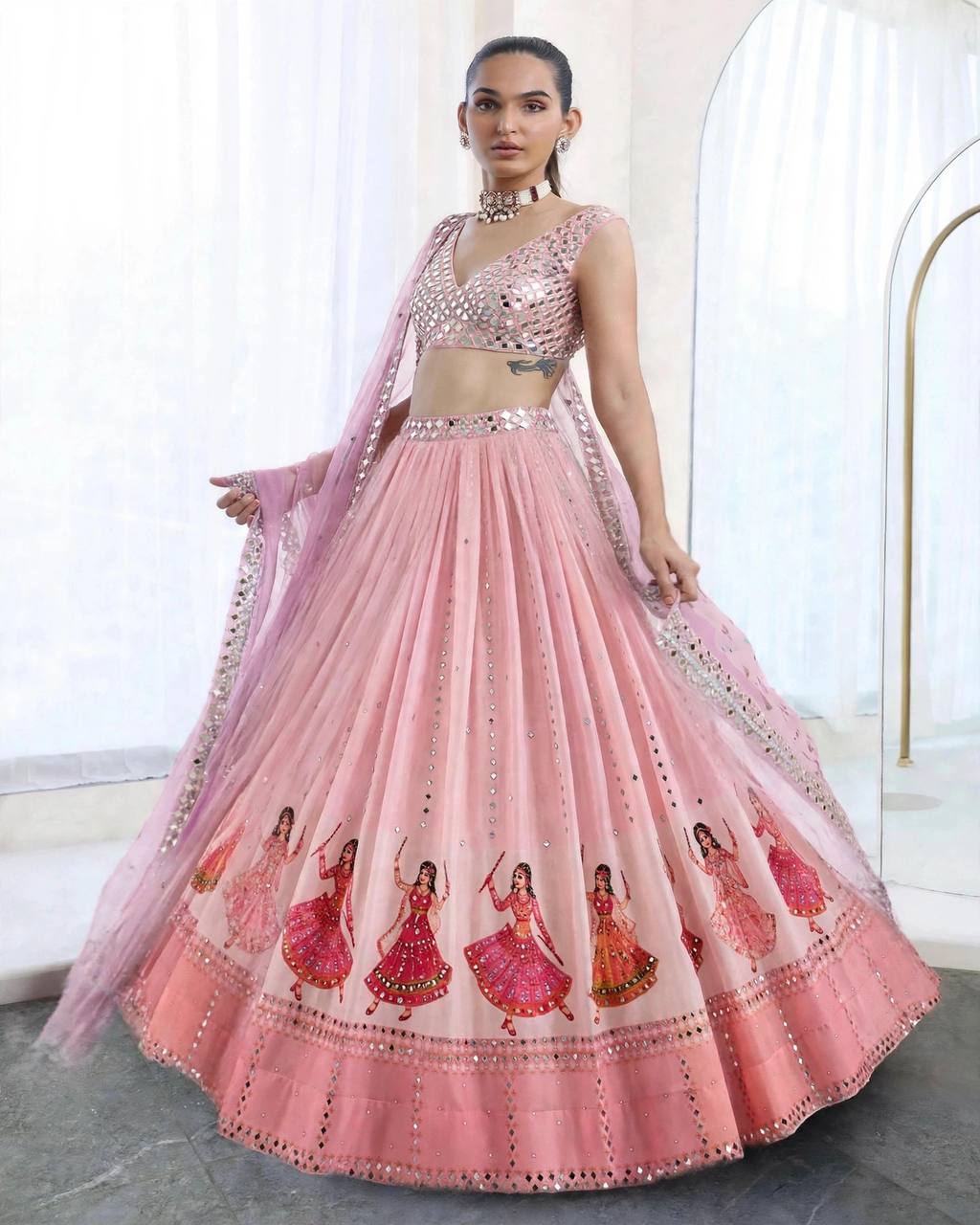 Navratri SpecialPremium Star Georgette Lehenga with Digital Print & Real Mirror Work
