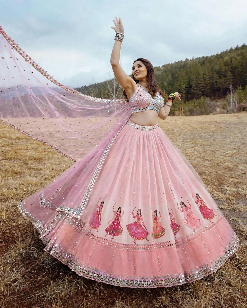 Navratri SpecialPremium Star Georgette Lehenga with Digital Print & Real Mirror Work