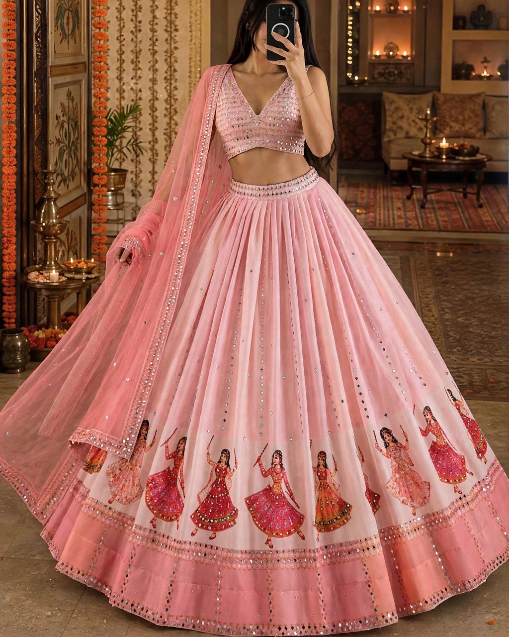 Navratri SpecialPremium Star Georgette Lehenga with Digital Print & Real Mirror Work