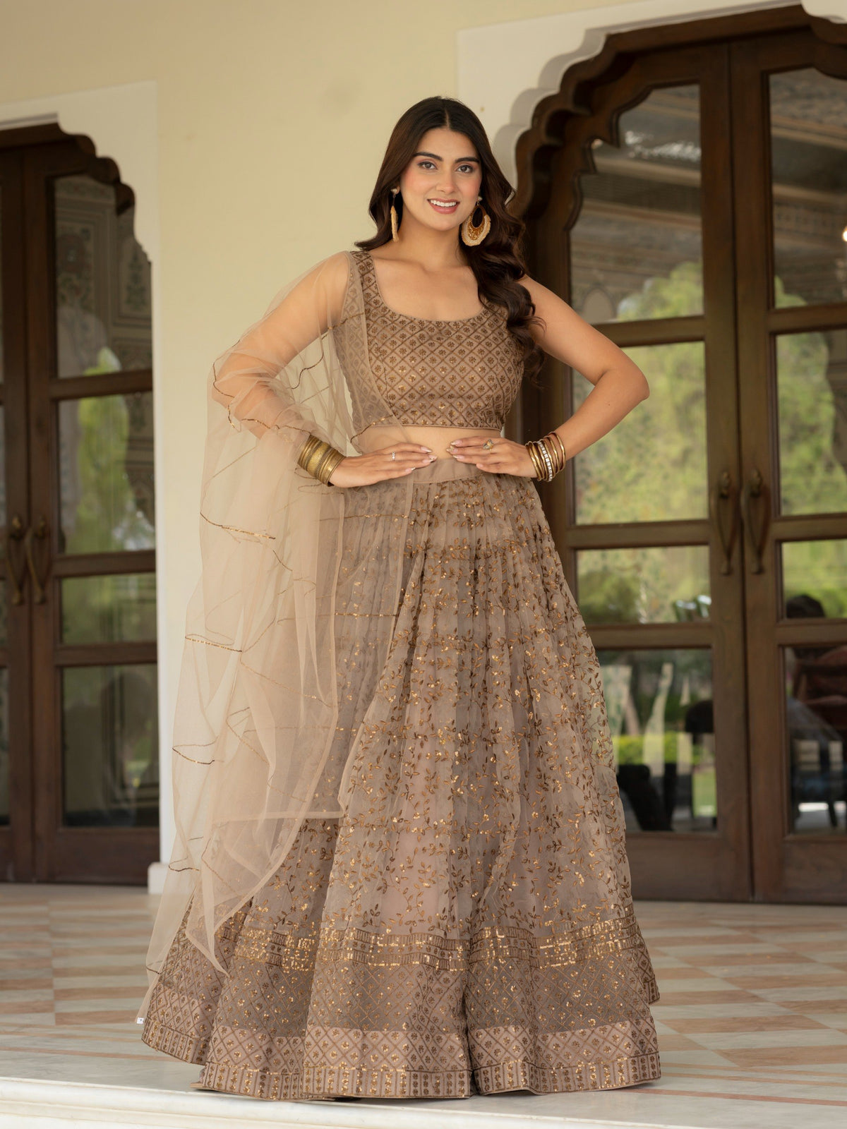 Brown Sequins Embroidered Lehenga Choli with Dupatta for Women Party Wear