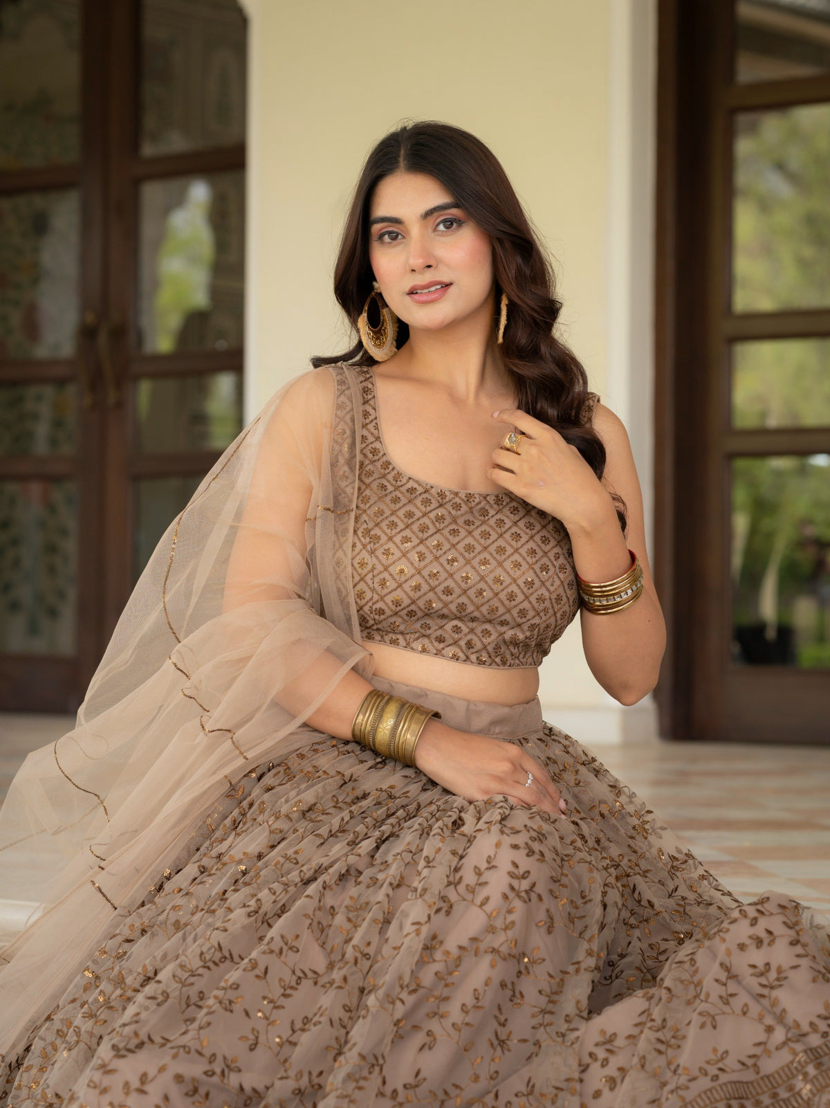 Brown Sequins Embroidered Lehenga Choli with Dupatta for Women Party Wear