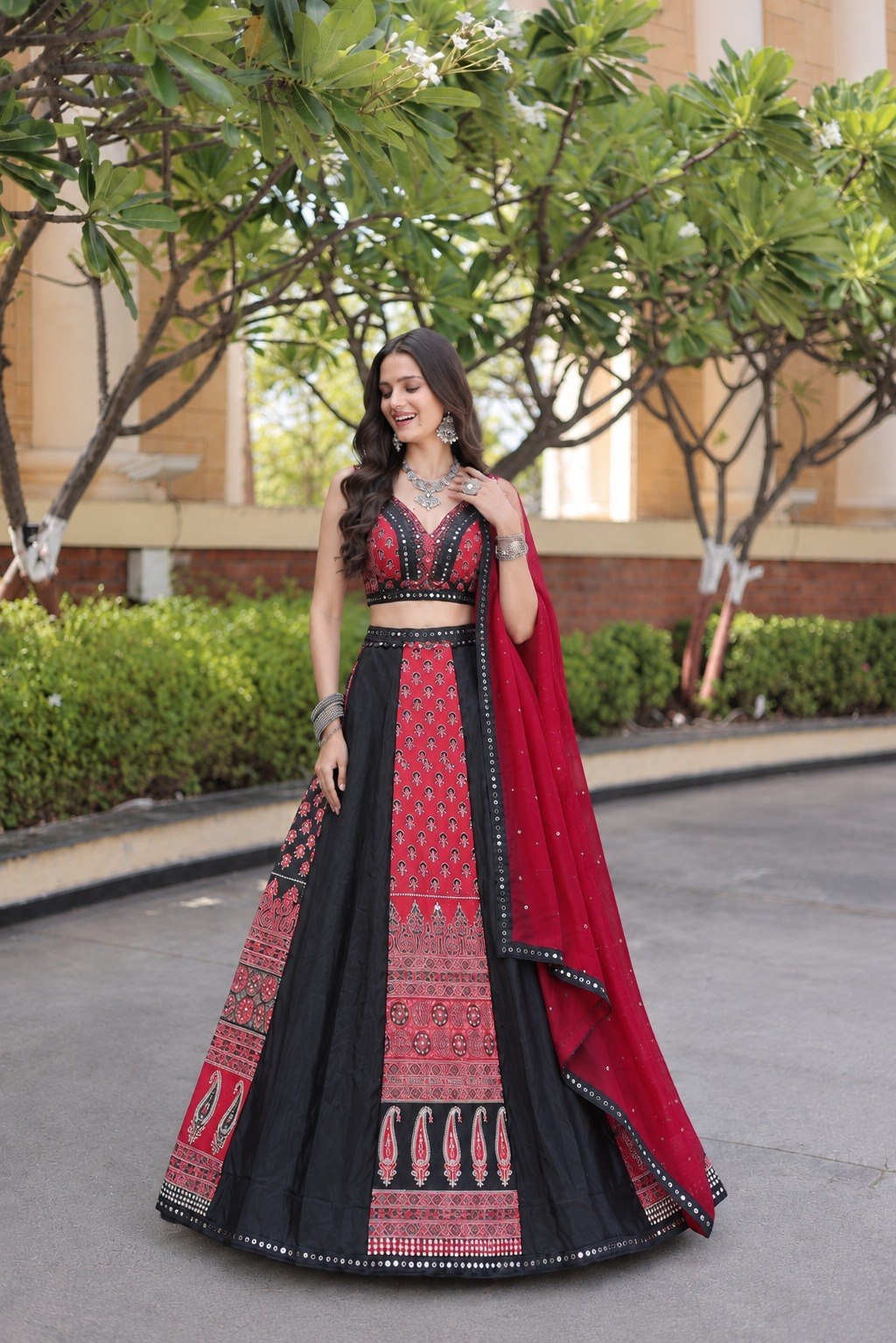 Navratri Chaniya Choli Black Red Printed Semi Stitched Lehenga for Garba