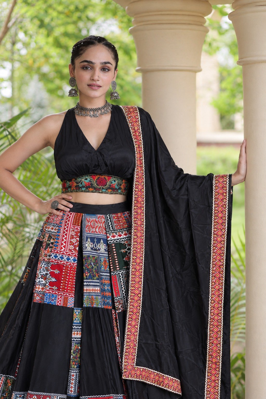 Navratri Chaniya Choli Black Patchwork Print Lehenga Choli for Garba Women