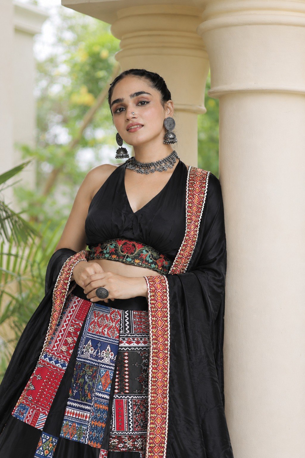 Navratri Chaniya Choli Black Patchwork Print Lehenga Choli for Garba Women