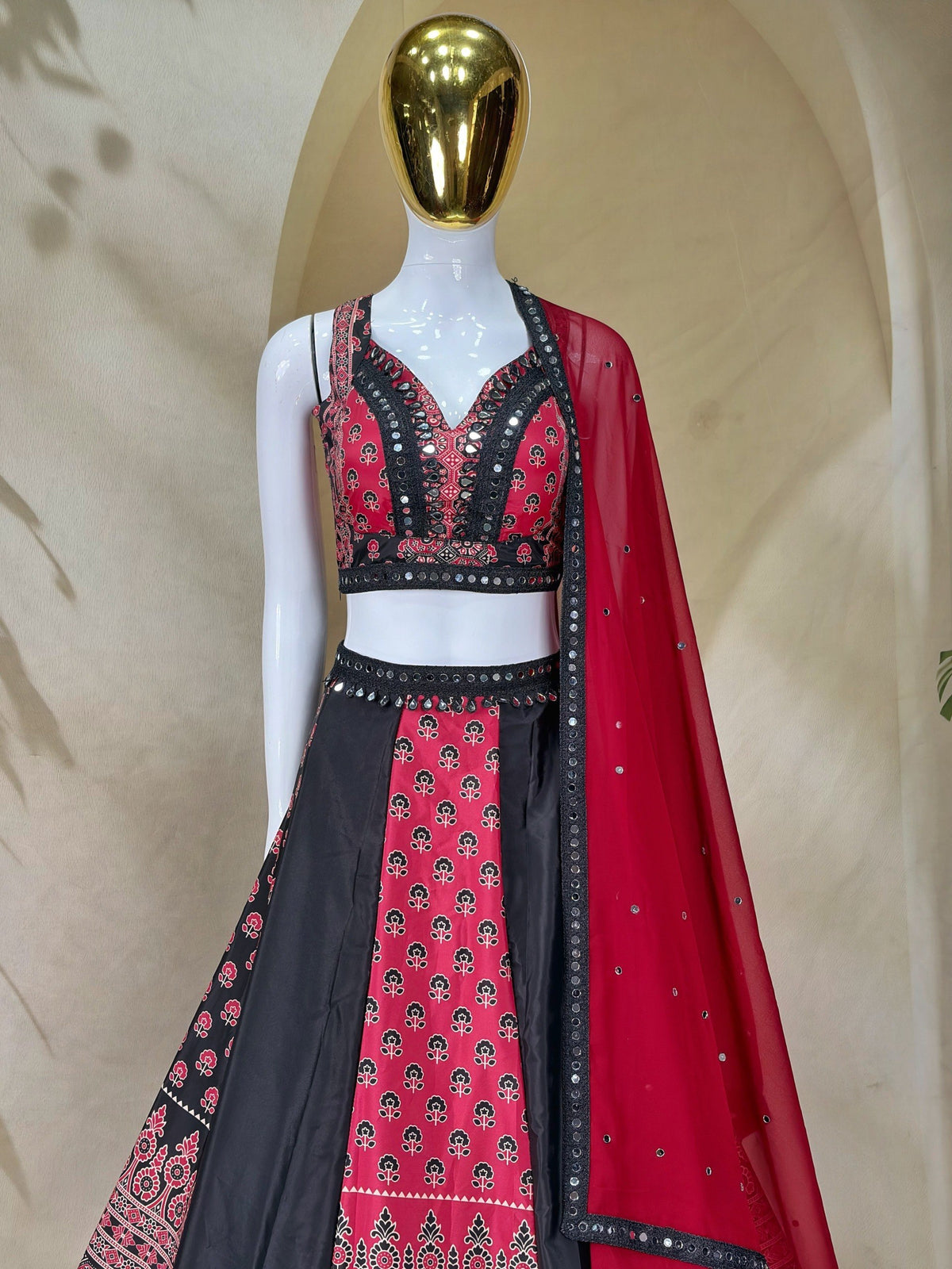 Navratri Chaniya Choli Black Red Printed Semi Stitched Lehenga for Garba