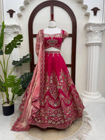Rani Pink Heavy Embroidered Bridal Lehenga Choli with Tissue Dupatta Wedding