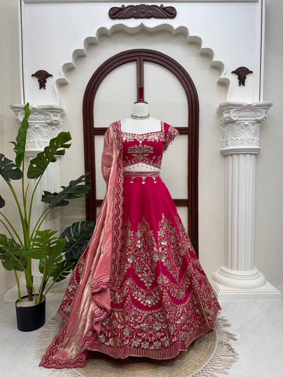 Rani Pink Heavy Embroidered Bridal Lehenga Choli with Tissue Dupatta Wedding