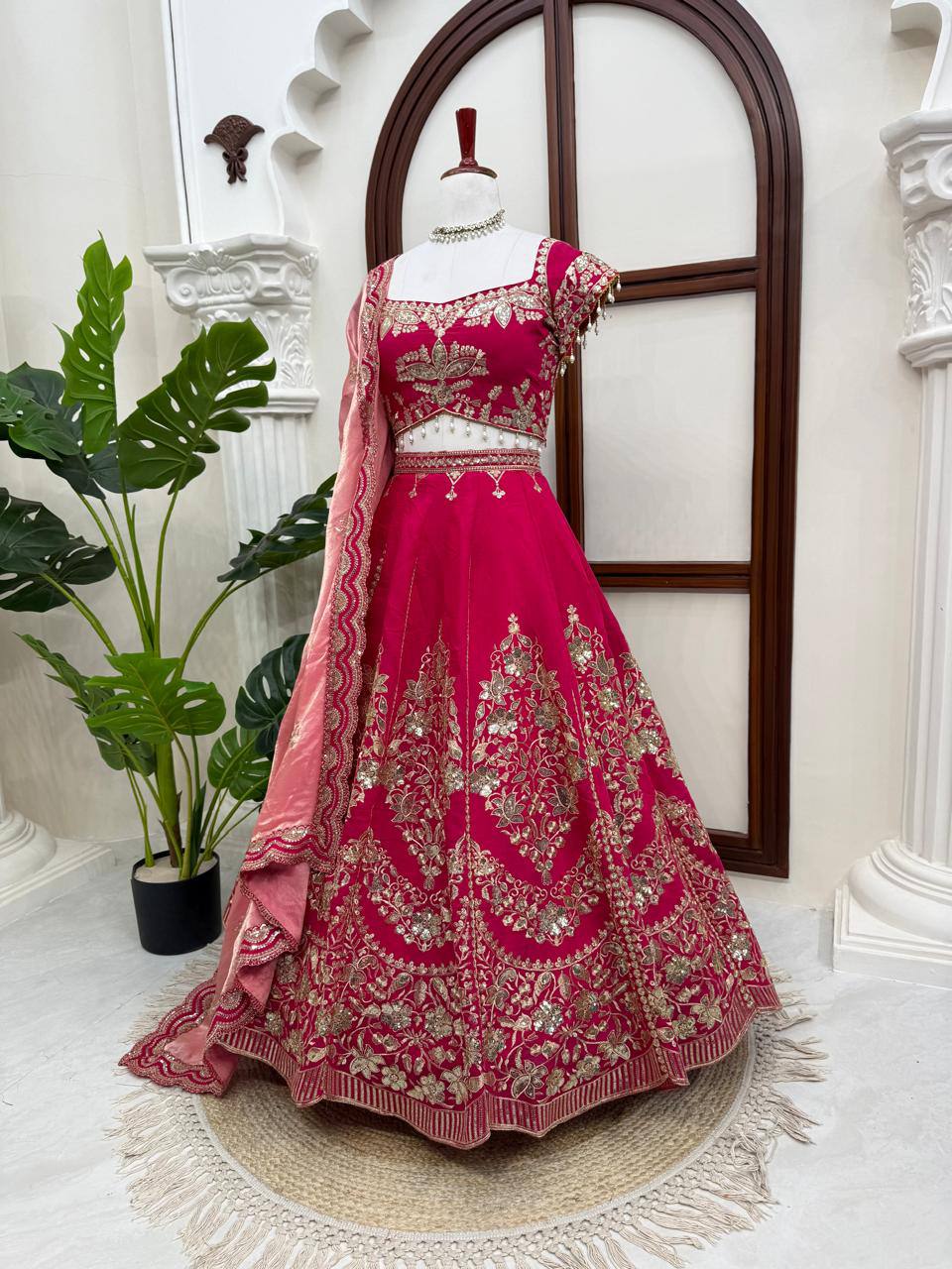 Rani Pink Heavy Embroidered Bridal Lehenga Choli with Tissue Dupatta Wedding
