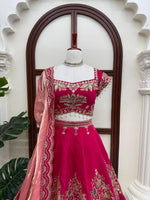 Rani Pink Heavy Embroidered Bridal Lehenga Choli with Tissue Dupatta Wedding