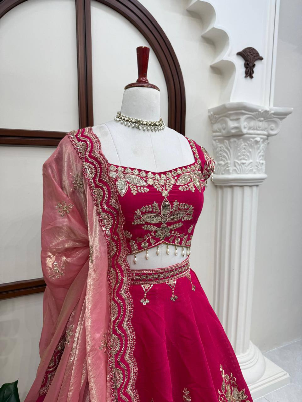 Rani Pink Heavy Embroidered Bridal Lehenga Choli with Tissue Dupatta Wedding
