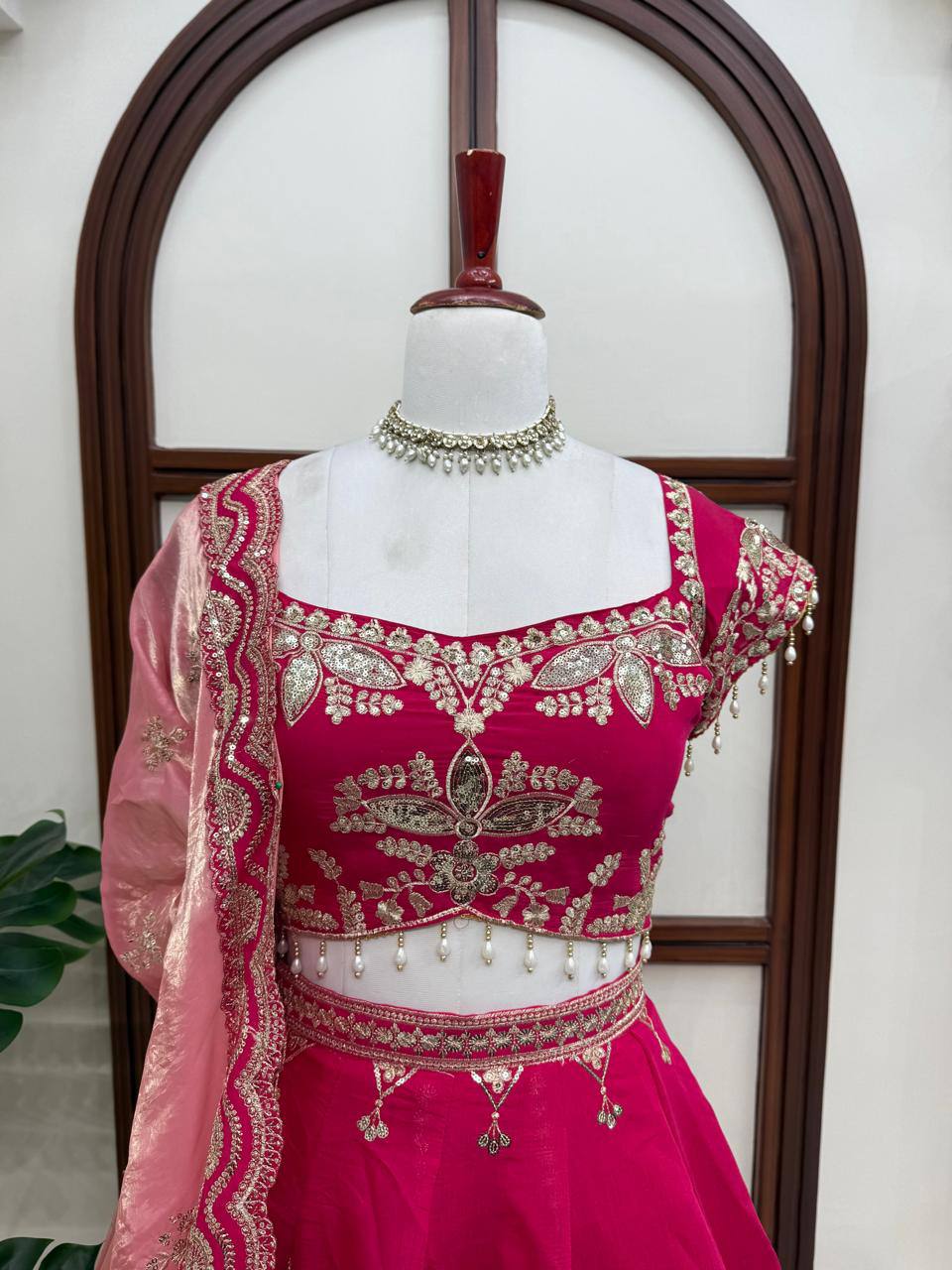 Rani Pink Heavy Embroidered Bridal Lehenga Choli with Tissue Dupatta Wedding