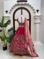 Rani Pink Heavy Embroidered Bridal Lehenga Choli with Tissue Dupatta Wedding