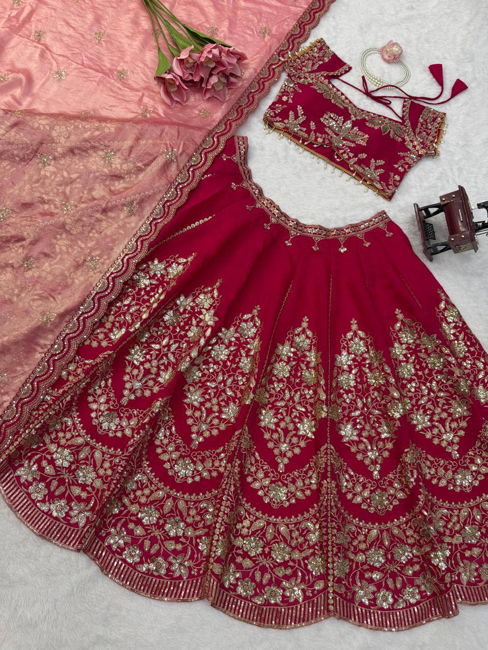 Rani Pink Heavy Embroidered Bridal Lehenga Choli with Tissue Dupatta Wedding
