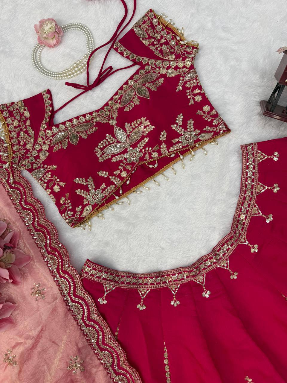 Rani Pink Heavy Embroidered Bridal Lehenga Choli with Tissue Dupatta Wedding