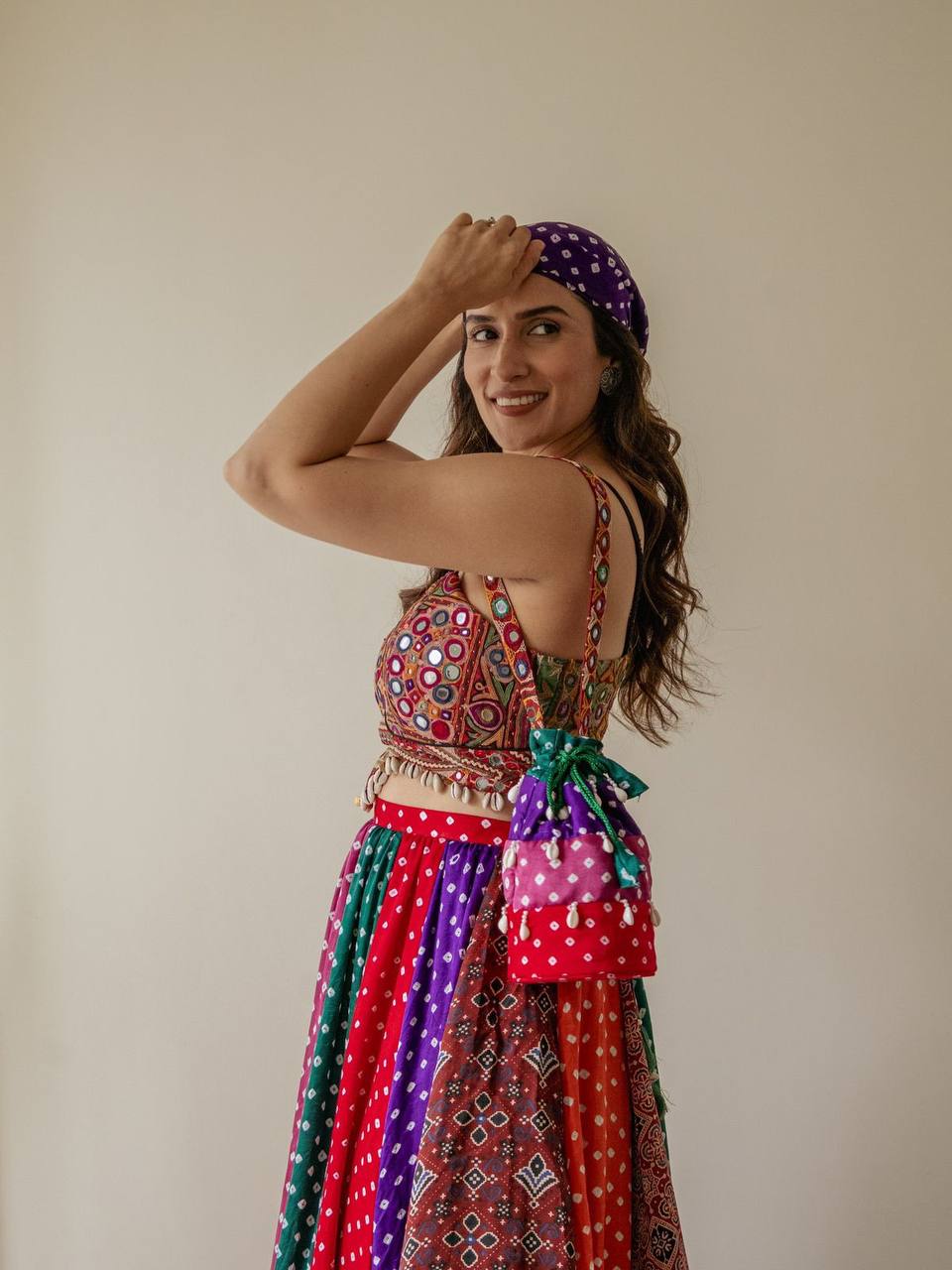 Navratri Multicolor Bandhani Print Chaniya Choli with Mirror Work Blouse Garba