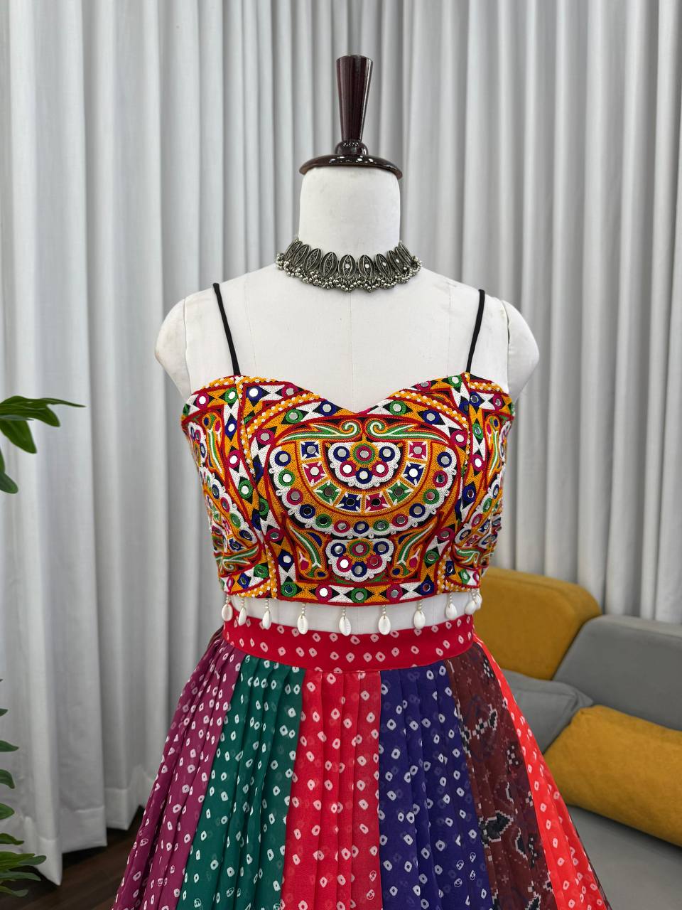 Navratri Multicolor Bandhani Print Chaniya Choli with Mirror Work Blouse Garba
