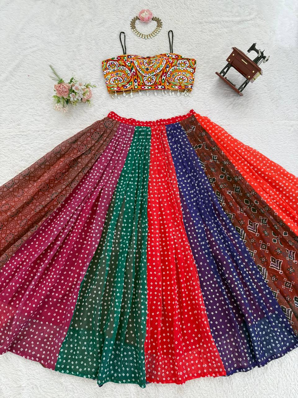 Navratri Multicolor Bandhani Print Chaniya Choli with Mirror Work Blouse Garba