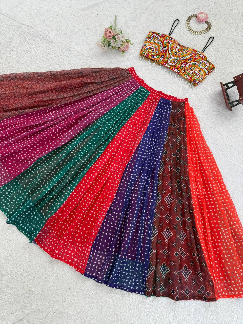 Navratri Multicolor Bandhani Print Chaniya Choli with Mirror Work Blouse Garba