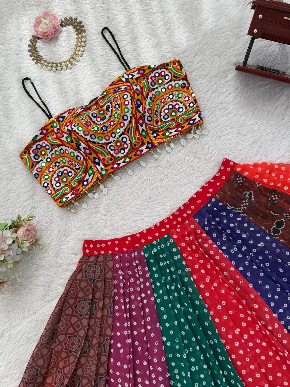 Navratri Multicolor Bandhani Print Chaniya Choli with Mirror Work Blouse Garba