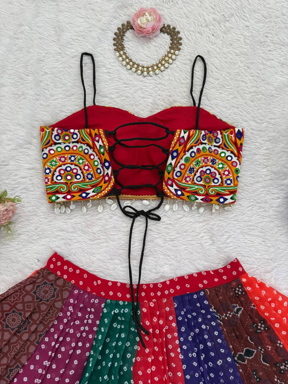 Navratri Multicolor Bandhani Print Chaniya Choli with Mirror Work Blouse Garba