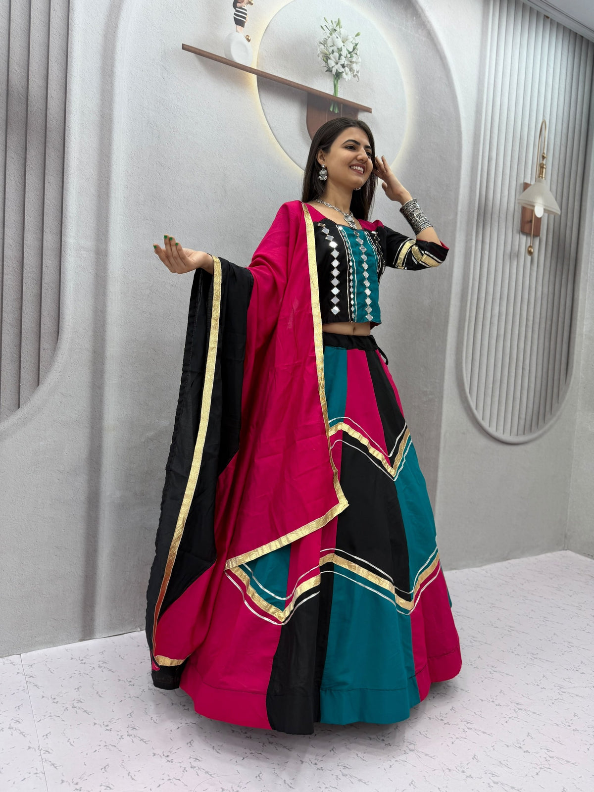 Navratri Multicolor Chaniya Choli Pink Purple Gota Patti Mirror Work Garba
