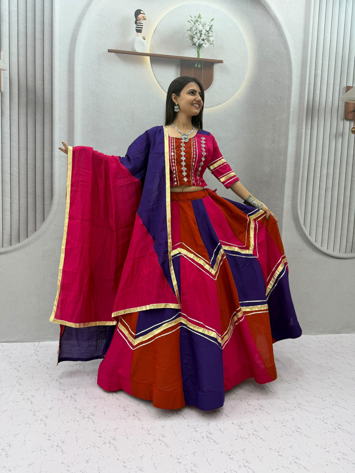 Navratri Multicolor Chaniya Choli Pink Purple Gota Patti Mirror Work Garba