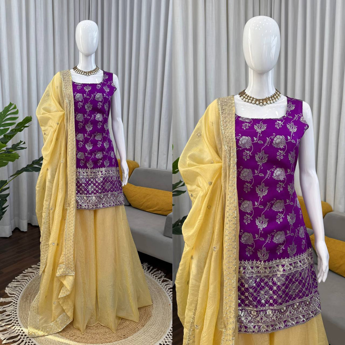 Purple Embroidered Kurti Sharara Suit Set with Dupatta for Women Wedding Wear