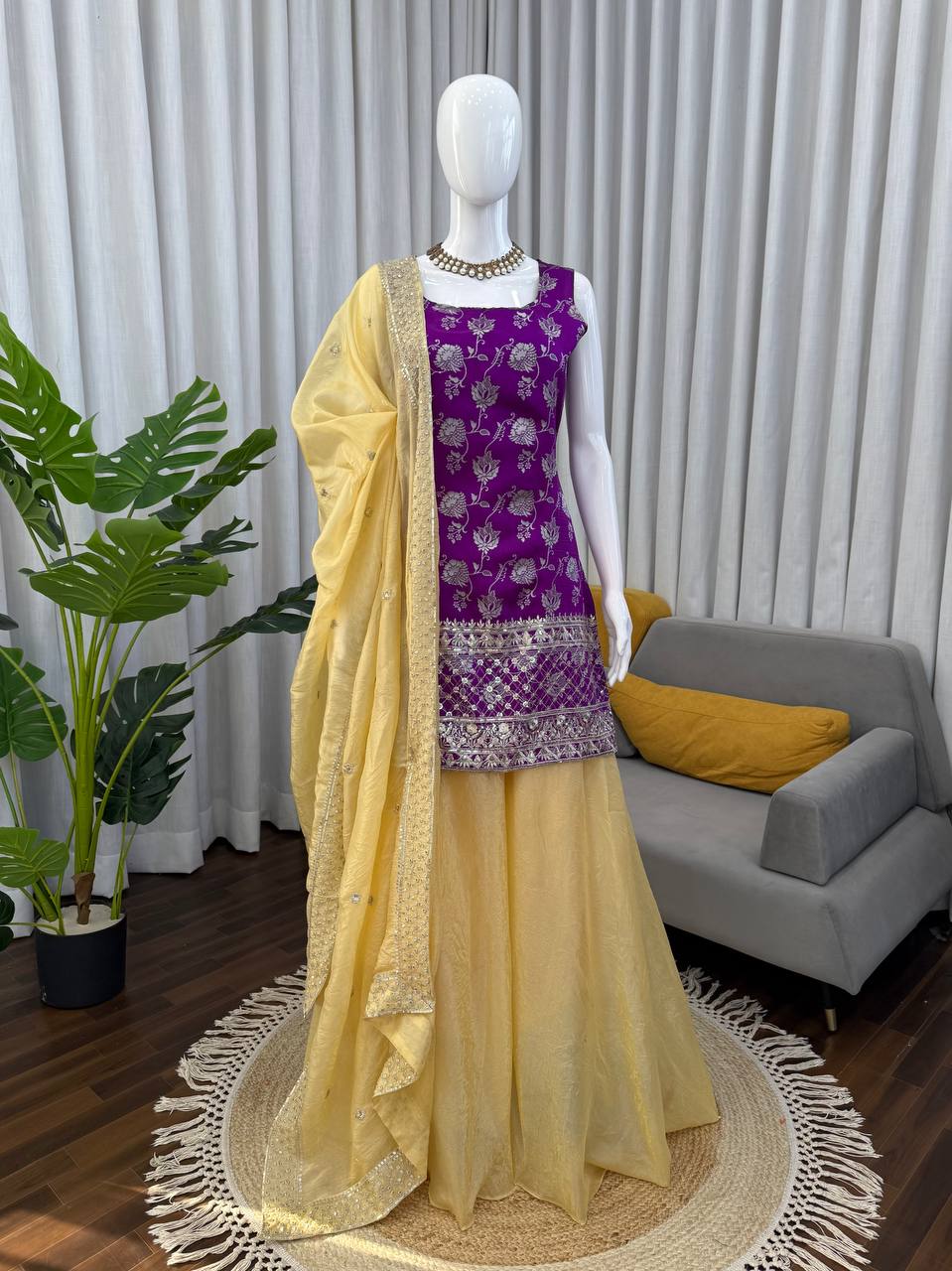 Purple Embroidered Kurti Sharara Suit Set with Dupatta for Women Wedding Wear
