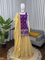 Purple Embroidered Kurti Sharara Suit Set with Dupatta for Women Wedding Wear