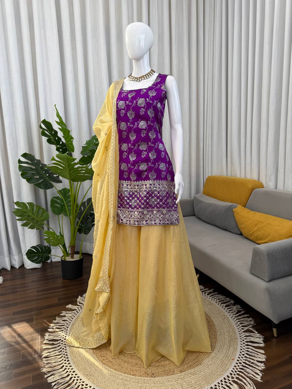 Purple Embroidered Kurti Sharara Suit Set with Dupatta for Women Wedding Wear
