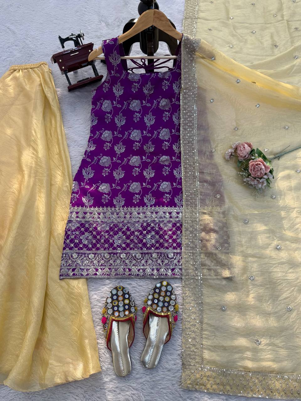 Purple Embroidered Kurti Sharara Suit Set with Dupatta for Women Wedding Wear