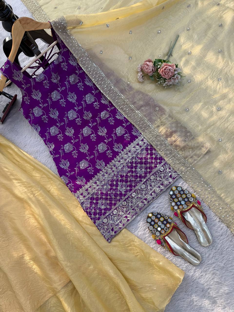 Purple Embroidered Kurti Sharara Suit Set with Dupatta for Women Wedding Wear