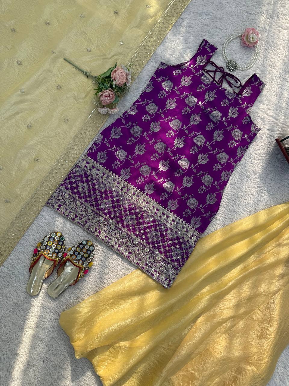 Purple Embroidered Kurti Sharara Suit Set with Dupatta for Women Wedding Wear