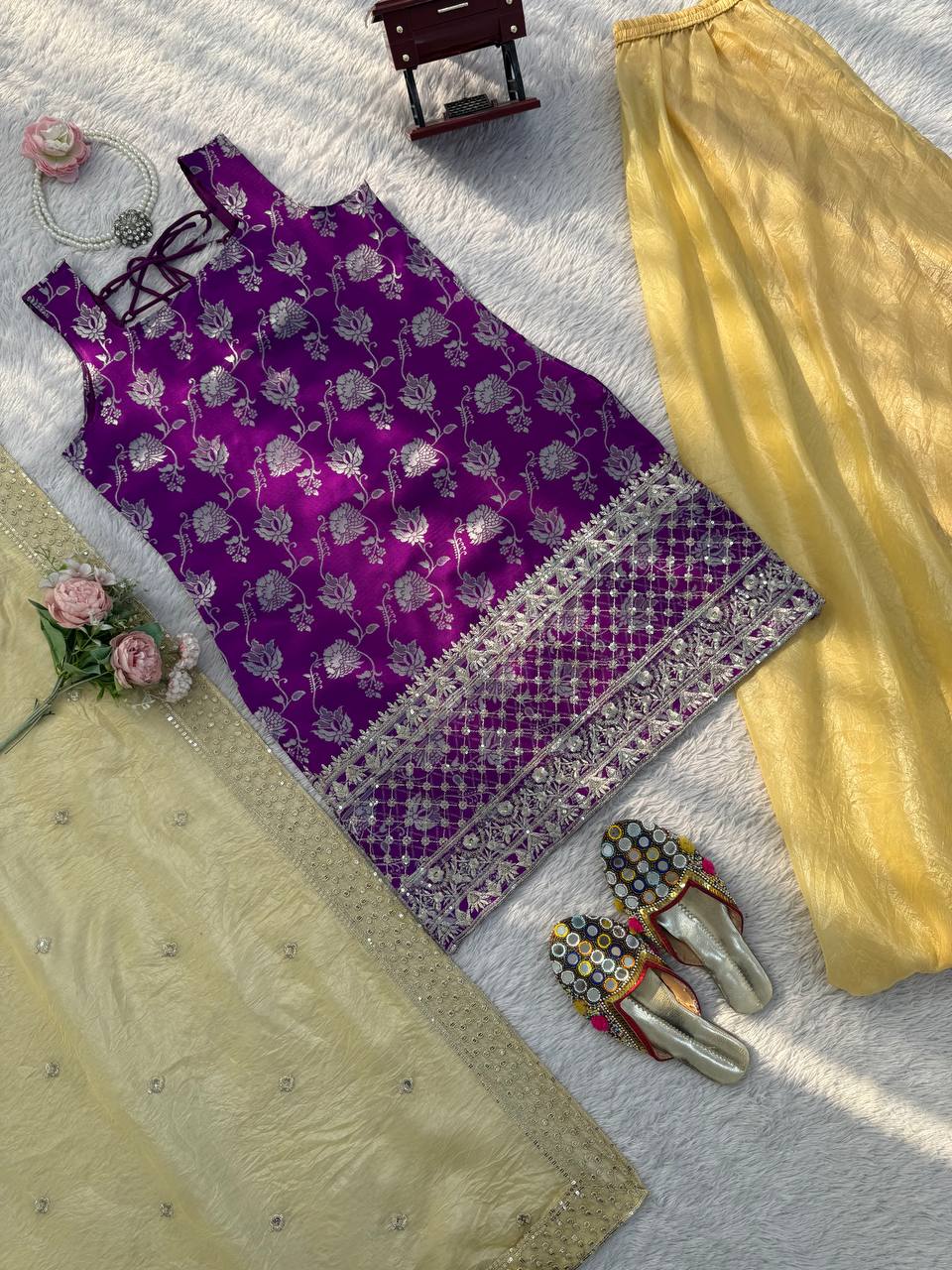 Purple Embroidered Kurti Sharara Suit Set with Dupatta for Women Wedding Wear