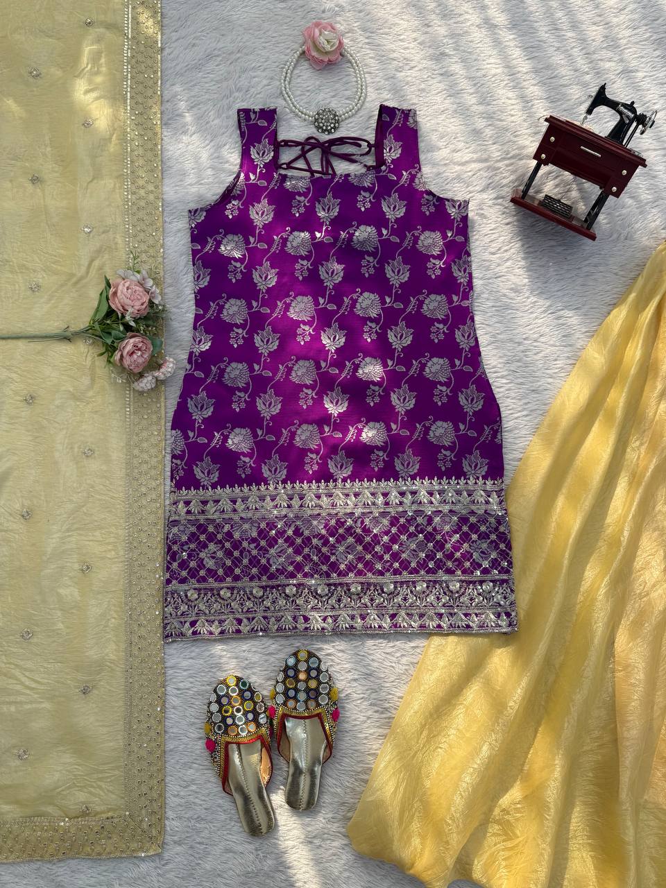 Purple Embroidered Kurti Sharara Suit Set with Dupatta for Women Wedding Wear