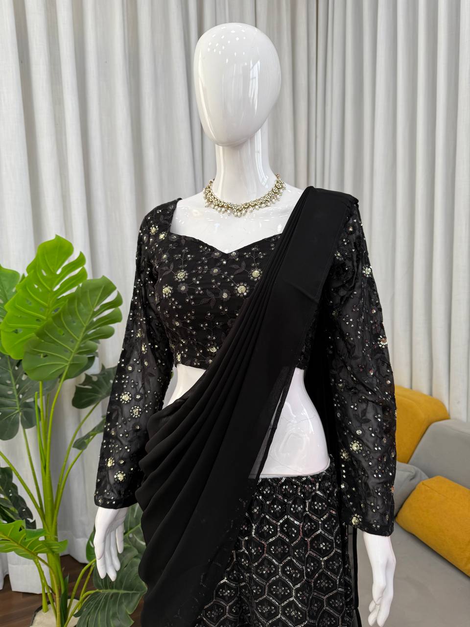 Black Sequins Embroidered Sharara Set Crop Top with Dupatta Party Wear Women