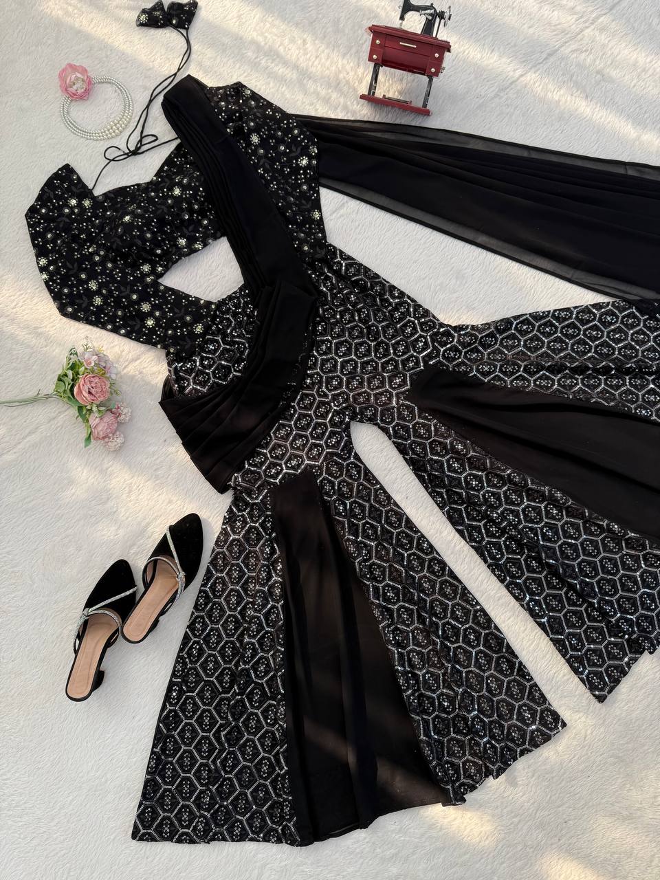 Black Sequins Embroidered Sharara Set Crop Top with Dupatta Party Wear Women