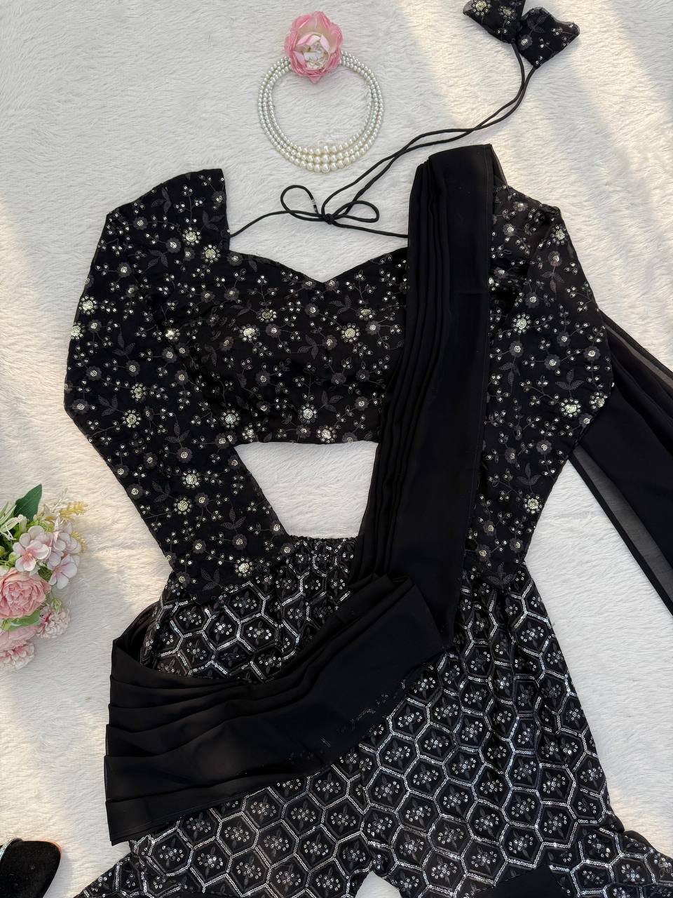 Black Sequins Embroidered Sharara Set Crop Top with Dupatta Party Wear Women