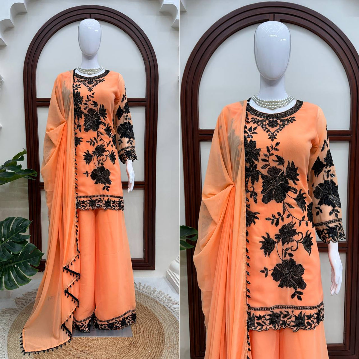 Peach Georgette Palazzo Suit Black Floral Sequins Embroidered Kurti Dupatta Set