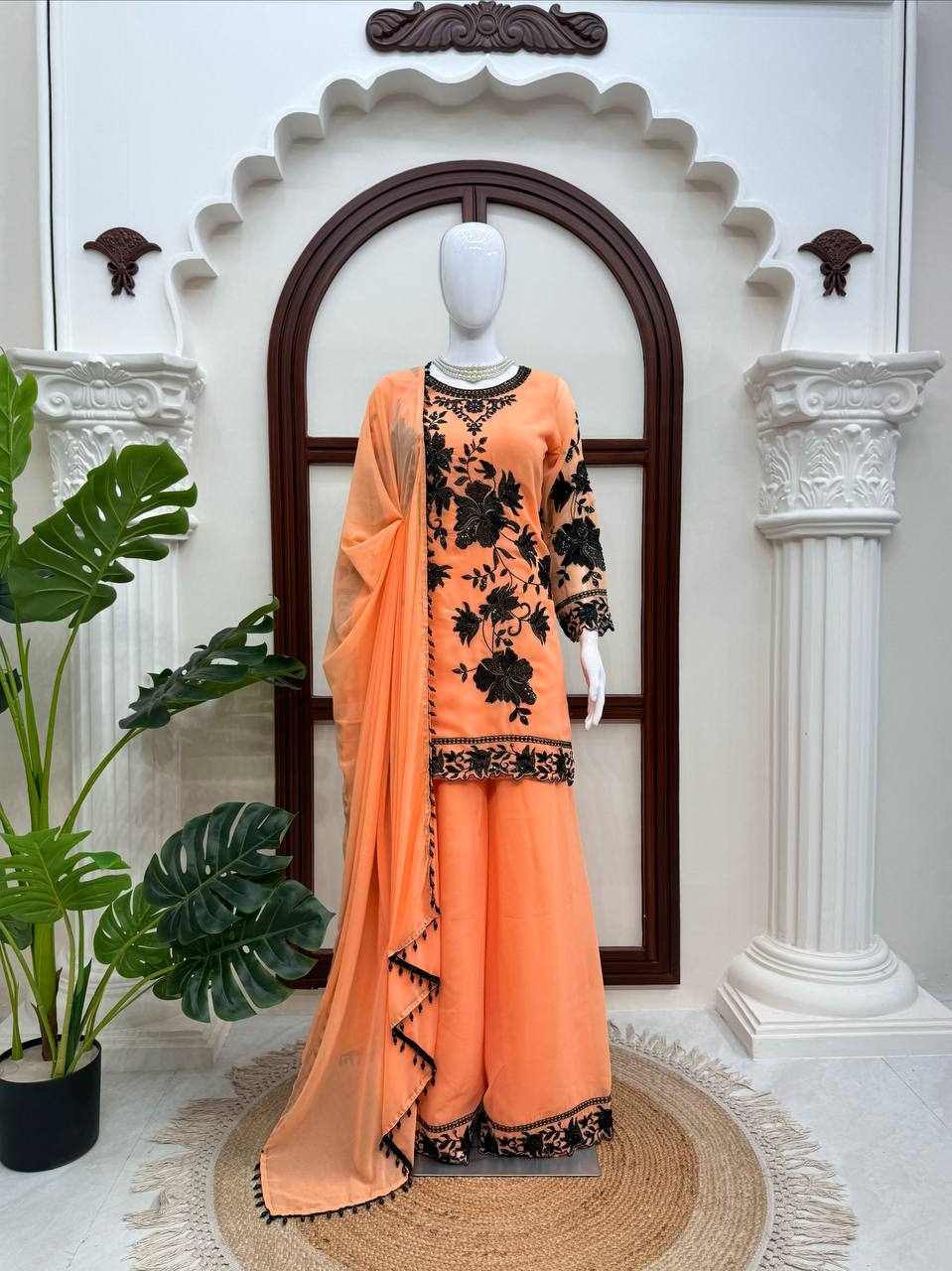 Peach Georgette Palazzo Suit Black Floral Sequins Embroidered Kurti Dupatta Set