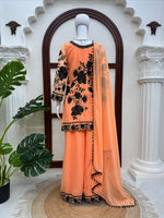 Peach Georgette Palazzo Suit Black Floral Sequins Embroidered Kurti Dupatta Set