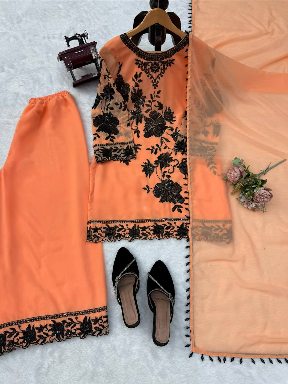 Peach Georgette Palazzo Suit Black Floral Sequins Embroidered Kurti Dupatta Set