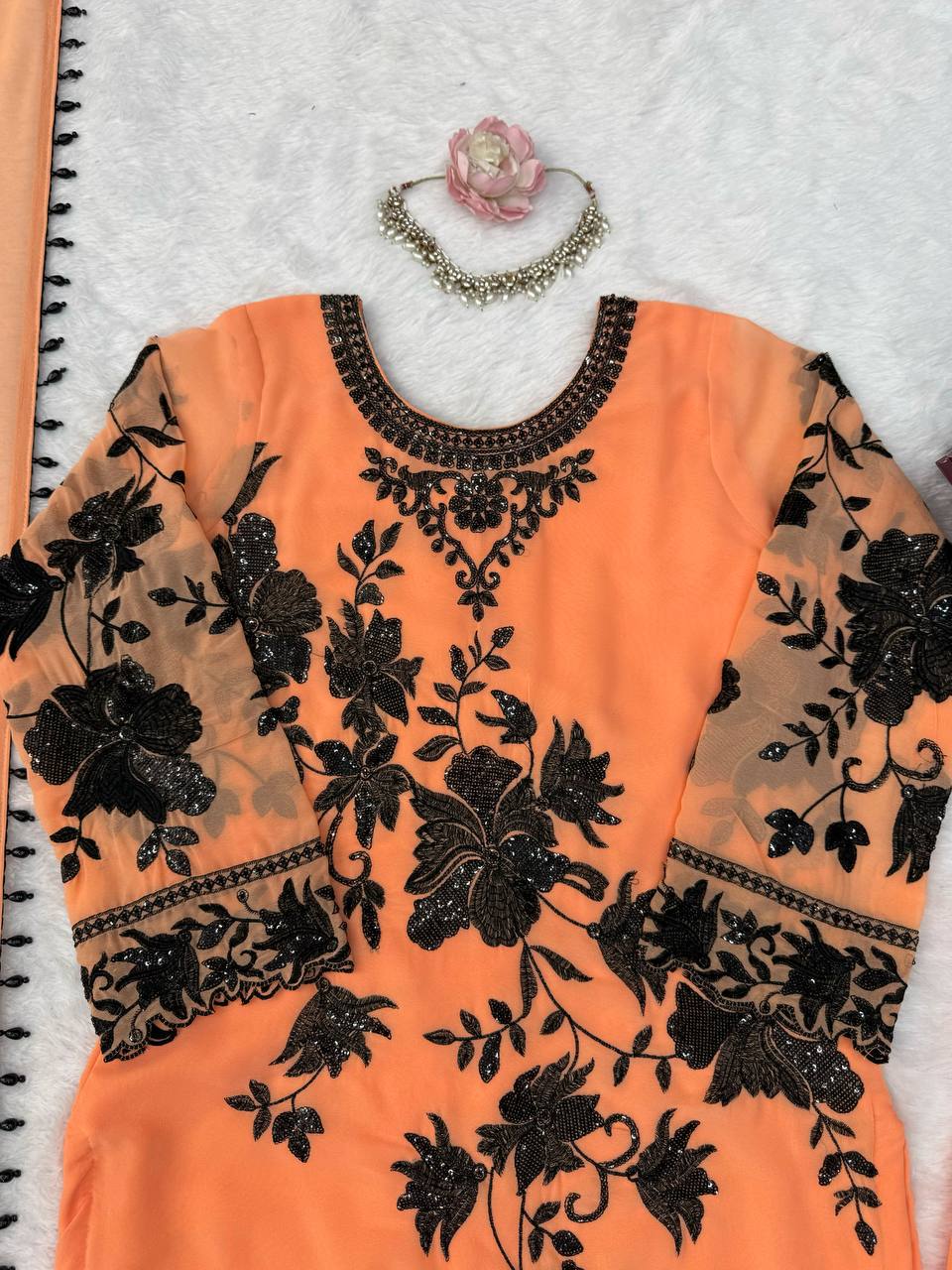 Peach Georgette Palazzo Suit Black Floral Sequins Embroidered Kurti Dupatta Set