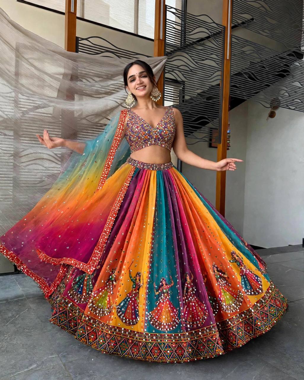 Navratri Multicolor Garba Print Chaniya Choli Real Mirror Work with Dupatta