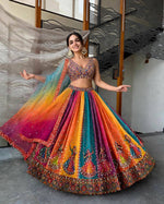Navratri Multicolor Garba Print Chaniya Choli Real Mirror Work with Dupatta