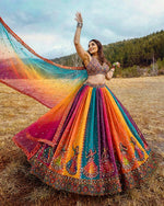 Navratri Multicolor Garba Print Chaniya Choli Real Mirror Work with Dupatta